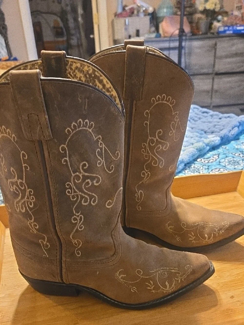Girls Tan Embroidered Western Heeled Boots